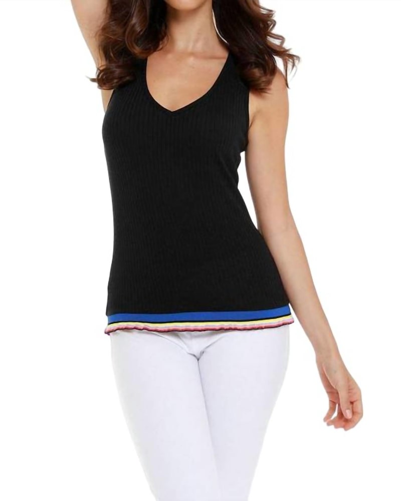 Front of a model wearing a size XL Leyla Tank Top in Black in Black by french kyss. | dia_product_style_image_id:327656